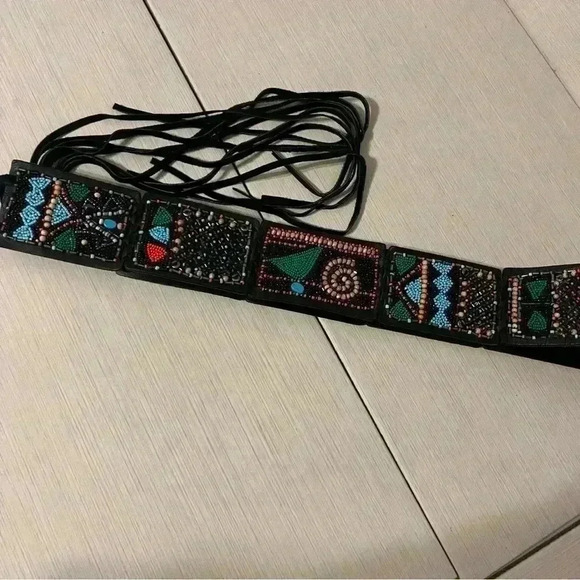Chico’s Boho Leather Beaded Belt M/L - Picture 4 of 12